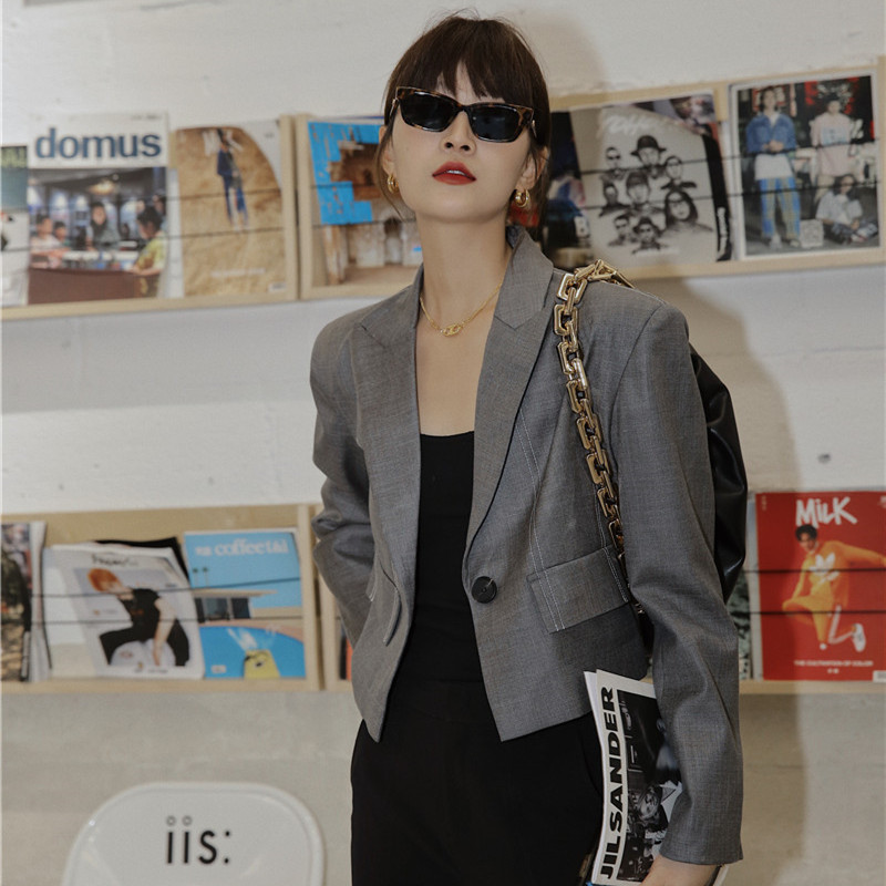 Grey Cropped Blazer Women Autumn Contrast Stitch Ladies Jacket Lapel Single Brested Short Coat Fashion 210427