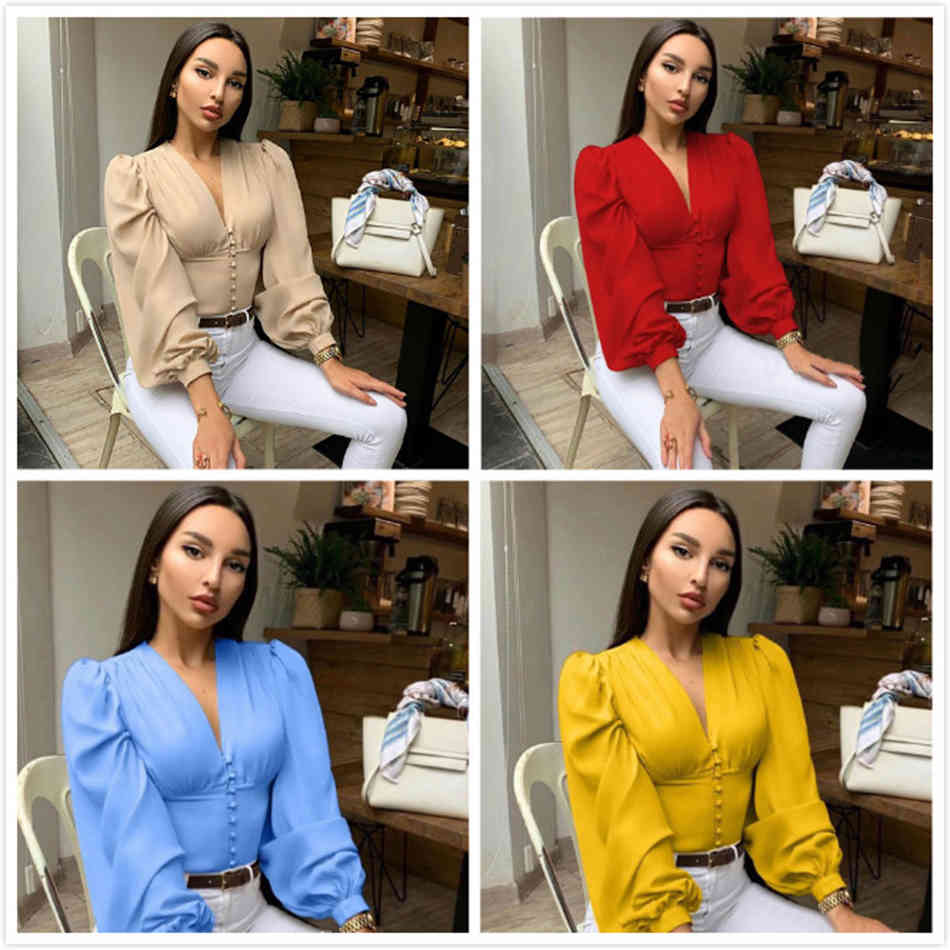 Free Spring Women's Blouse Retro V-neck Waist Slim Single-breasted Lantern Sleeve Shirt Top Elegant 210524