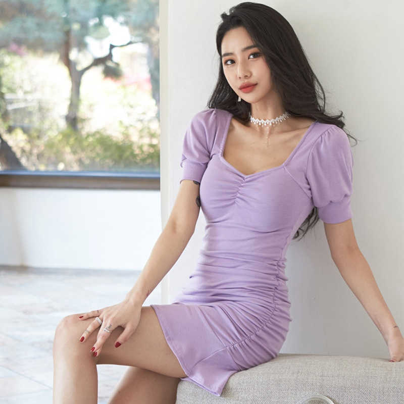 WOMENGAGA Korea Tops Summer Sexy Nightclub Slim Purple Mini Dress Dresses Sheath Women 3JMZ 210603