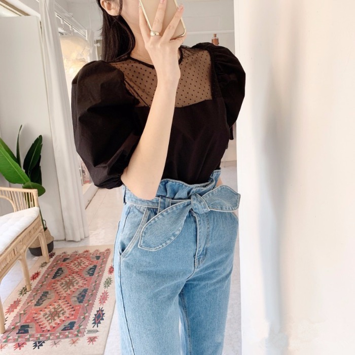 Casual Blouse Women Tops Solid Chic Short Puff Sleeve Korean Blusas Dot Print Mesh Shirt All Match Elegant Blouses 210519