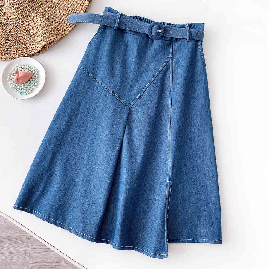 Casual Women Skirts elastic waist embroidery lovely denim knee length skirts with belt students school Grils 210524