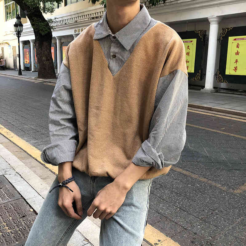 IEFB /men's Wear False Two Pieces Shirts Male Spring Color Block Korean Fashion Pullovers Tops Loose Personality 9Y1056 210524