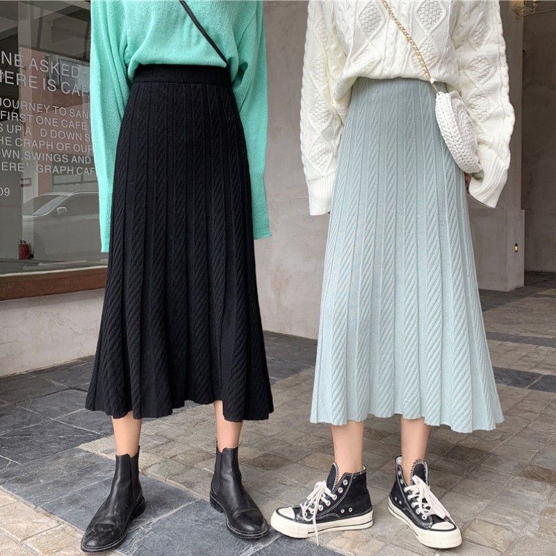 Nomikuma Knitted Women Skirt Korean Solid High Waisted A-line Midi Sweater Skirt Autumn New Causal Faldas Mujer Moda 6C058 210427