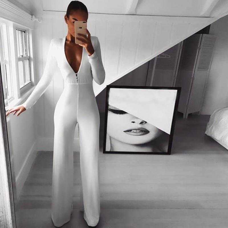Women Jumpsuit V-neck White Rompers Womens Plus Size Vintage Jump Suits Long Sleeve Fashion Sexy 210524