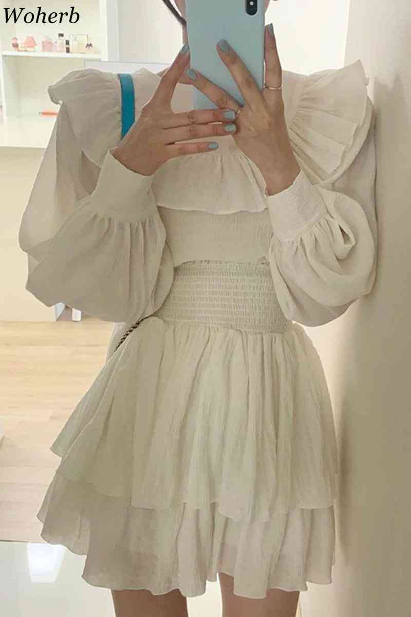 Korean Chic Elegant Skirts Two Pieces Set Long-sleeved Ruffled Shirt + High Waist Pleated Mini Skirt Female Outfits Suit 210519