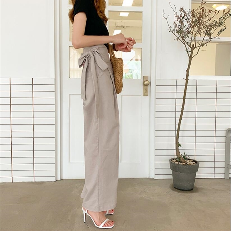 Qooth Korean Chic Pant Solid Drawstring High Waist Ladies Long Trousers Spring Fashion Cotton Female qh2255 210609