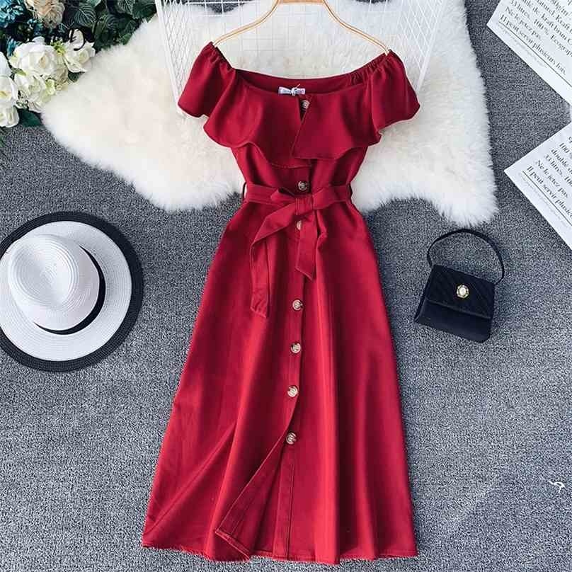 Fashion Women Off Shoulder Dress Summer Ruffles Short Sleeve Single Breasted Bodycon Elegant Bandage Long Robe 210525
Fashion Women Off Shoulder Dress Summer Ruffles Short Sleeve Single Breasted Bodycon Elegant Bandage Long Robe 210525