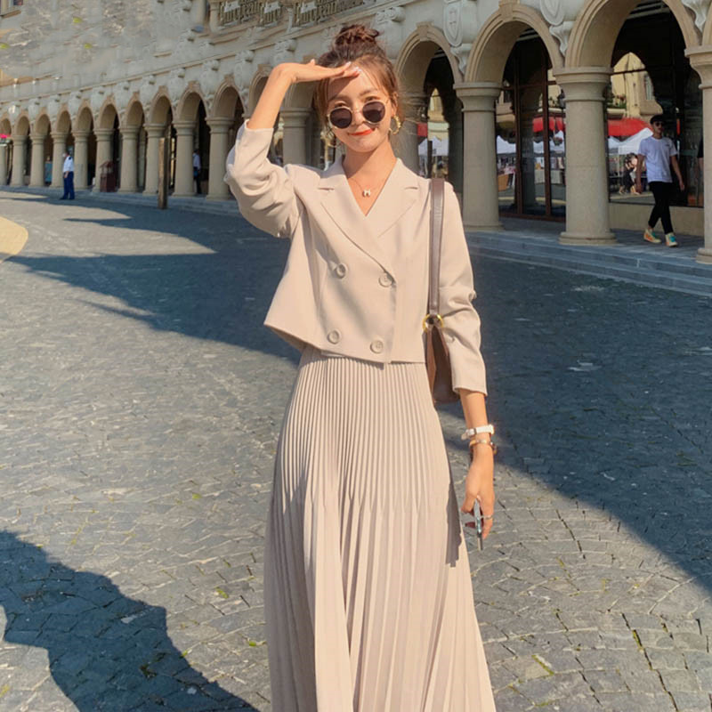Skirt Sets Korean Chic OL Two Piece Women Crop Top Casual Blazer Coat Pleated Long Suits Female 2 210510