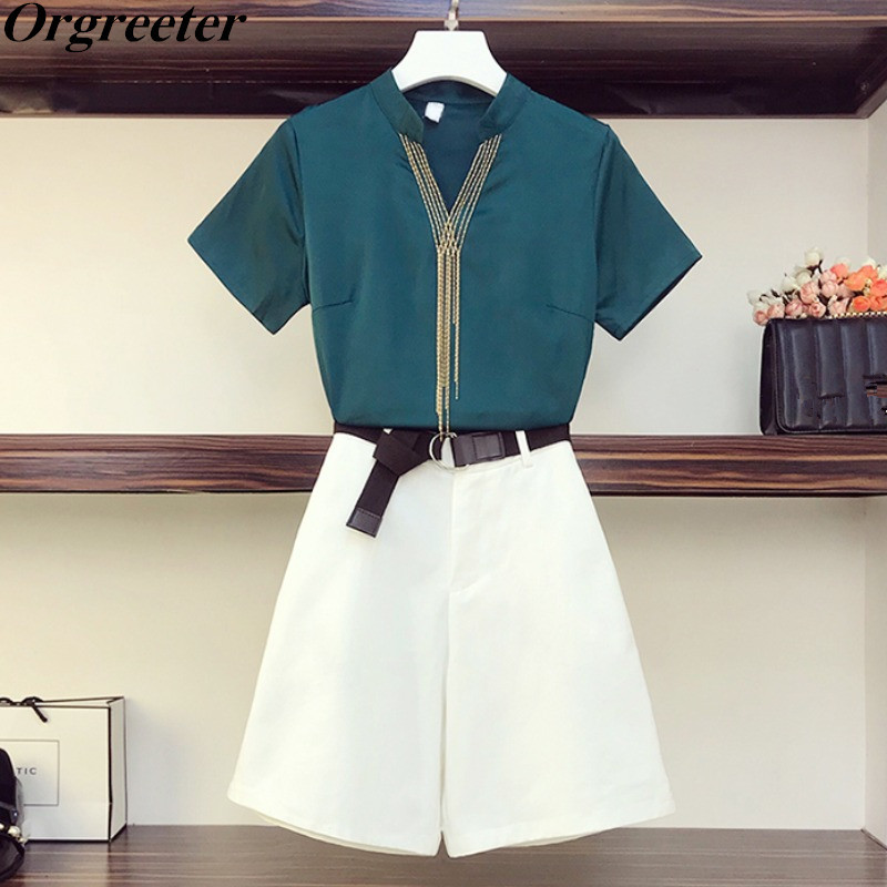 Elegant Ladies Shirt and Pants Suits Summer V-neck Beaded Tassel Tshirt Wide leg Shorts Tw opiece set With Belt 210525, Green
Elegant Ladies Shirt and Pants Suits Summer V-neck Beaded Tassel Tshirt Wide leg Shorts Tw opiece set With Belt 210525, Green