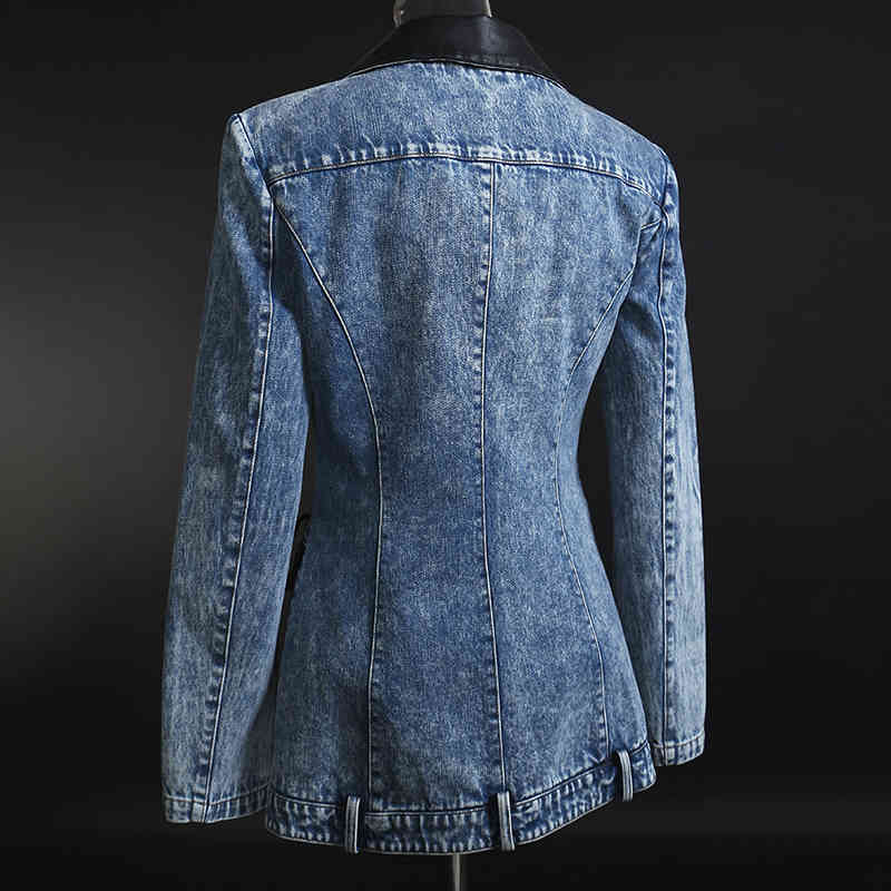 TWOTWINSTYLE Denim Patchwork PU Blazer For Women Notched Long Sleeve Casual Blazers Female Fashion Clothing Autumn 210517