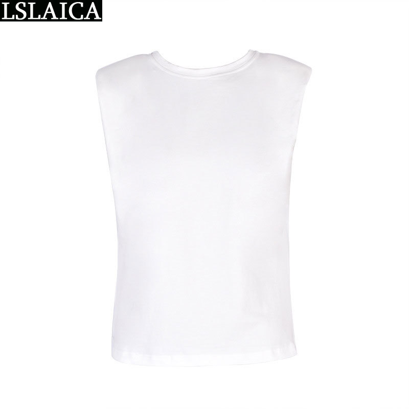 Solid color women shirts round neck fashion streetwear elegant office wild Shoulder pad Comfortable t shirt 210520