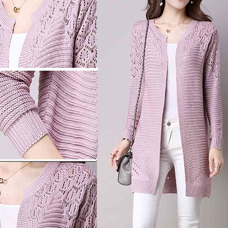Fall Women Cardigan Solid Color Hollow Out Sweaters Size S-XXL Poncho Full Sleeve Open Stitch Female Knitted Outerwear 210812