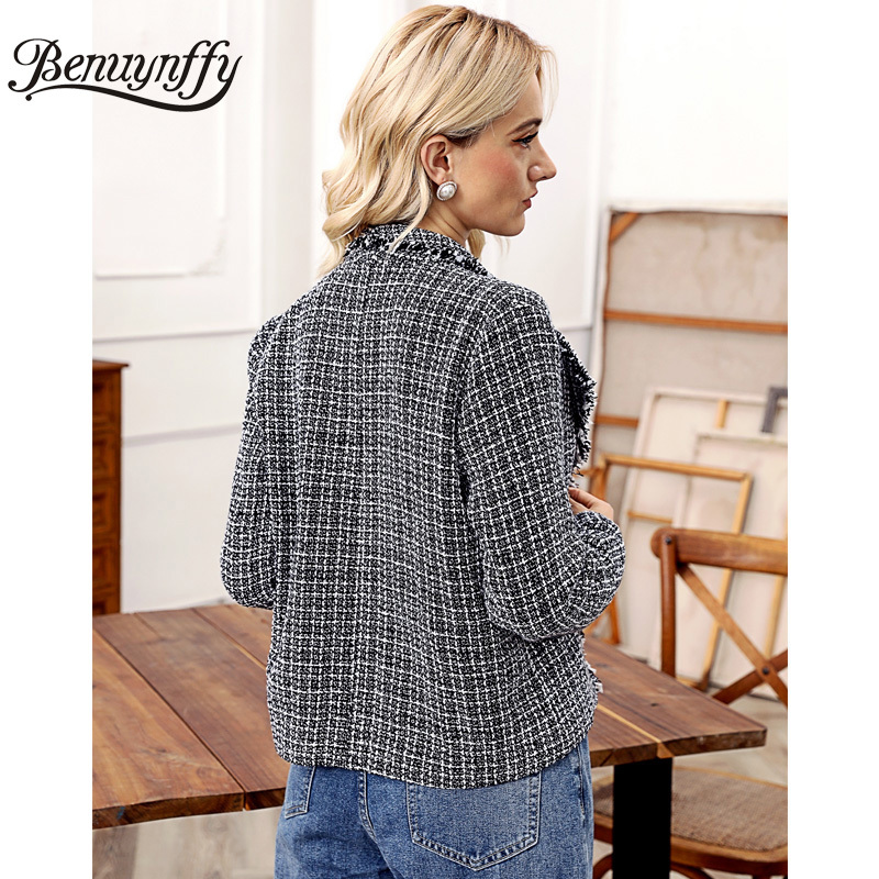 Lapel Collar Single Button Tweed Coat Women Autumn winter Long Sleeve Plaid Casual Short Jacket Ladies Outerwear 210510