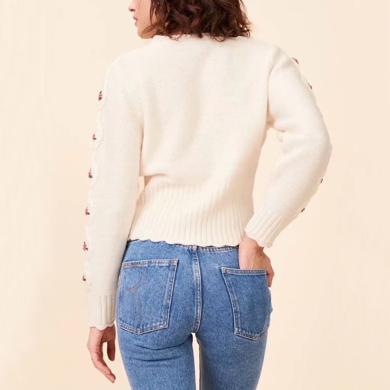 Women Cropped Cable Knit Jumper With Embroidery Floral Lady Sweater 210512