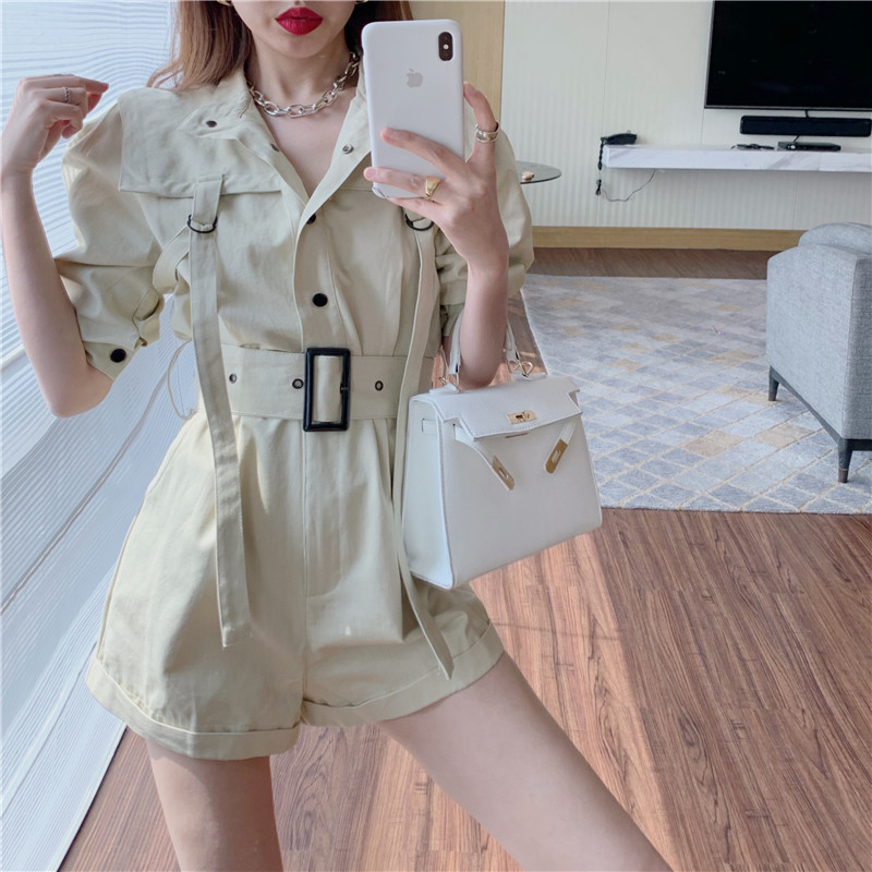Summer Fashion Romper Women Casual Single-Breasted playsuits Ladies Elegant Belt Short Jumpsuit Overalls 210519