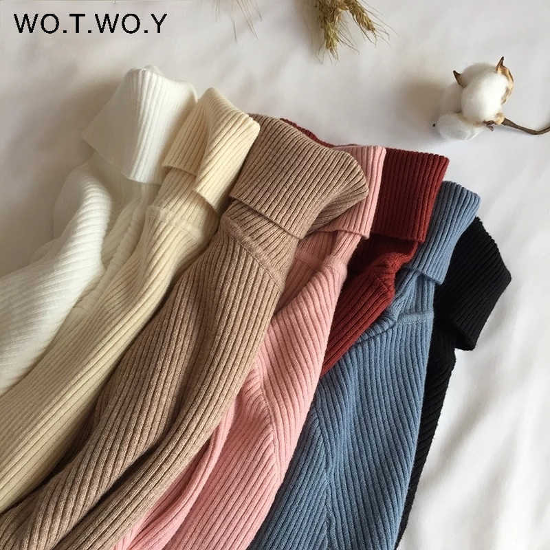 WOTWOY Ribbed Knitted Turtleneck Sweater Women Autumn Winter Slim Fit Basic Pullover Female Long Sleeve Black White Jumper 210918