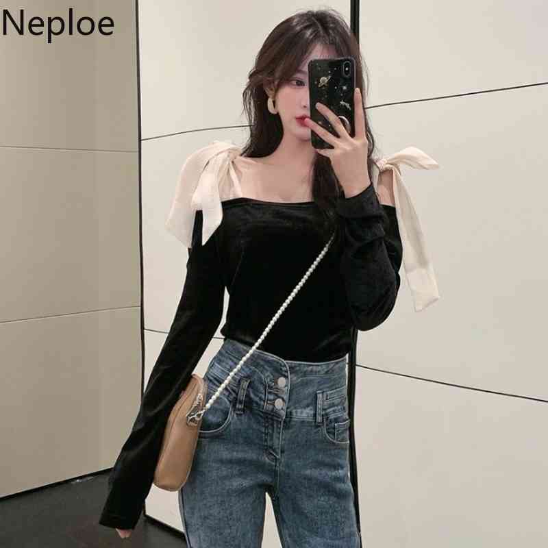 Neploe Sexy Shirt Slash Neck Off Shoulder Velvet Blouse Women Vintage Bow Lace Up Slim Blusas Fashion Long Sleeve Fashion Top 210422
