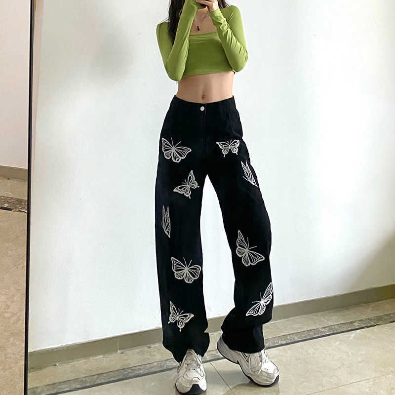 HOUZHOU Y2K Black Women Jeans Pants Vintage Streetwear Oversize Low Waist Wide Leg Trousers Loose E Girl Cowboy 210922