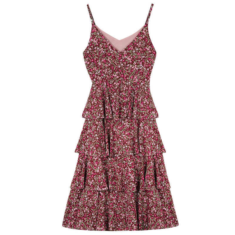 PERHAPS U Floral Print Summer Dress Women Casual Spaghetti Strap Cascading Ruffle Cake Dress Beach Dress D2633 210529