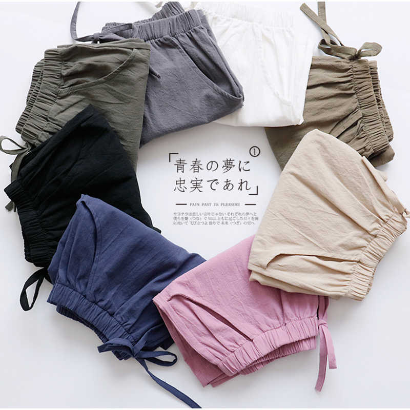 Cotton Linen Shorts Women Summer Trousers Feminino Women's High Elastic Wasit Home Loose Casual With Pockets 210714