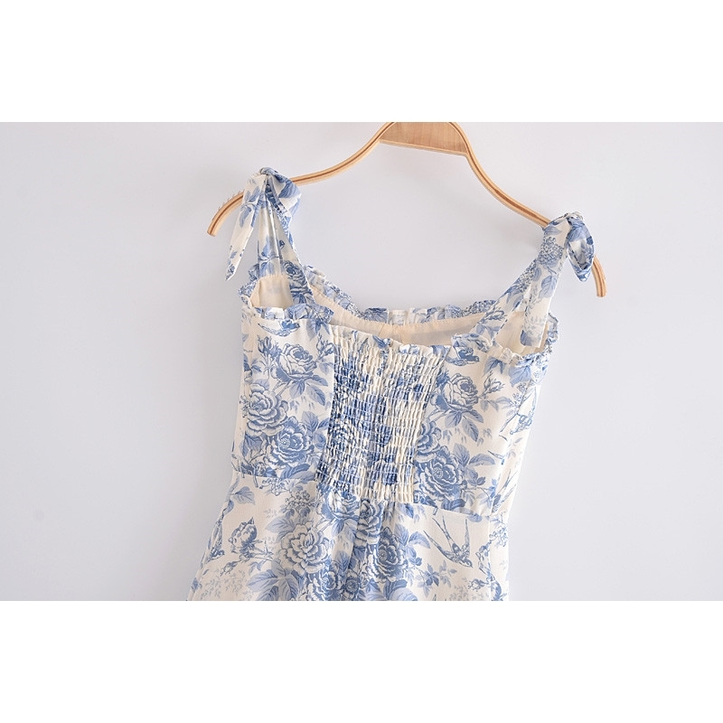 Summer Lace Up Bowknot Spaghetti Strap High Waist French Vintage Printed Ruffle Camisole Dress Female Fashion 210623