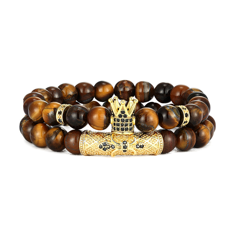 High Quality Tiger Eye Beads Strands Bracelets CZ Copper Tube Crown Charm Bracelet 2PCS/Set