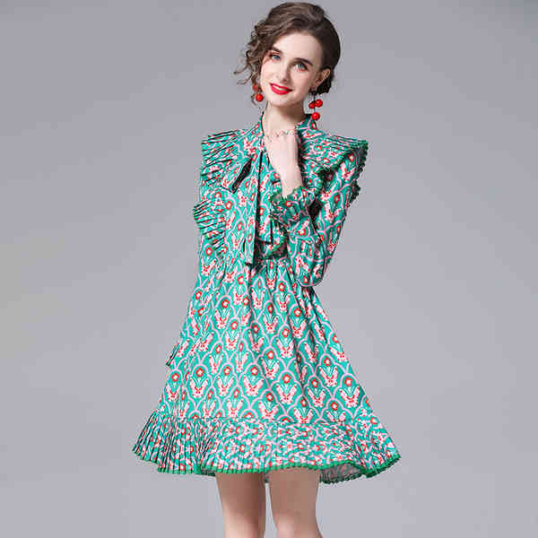 Fashion Runway Beach Dress Summer Women Flare Sleeve Bow Neck Green Floral Print Ladies Ruffles A-Line Mini 210519