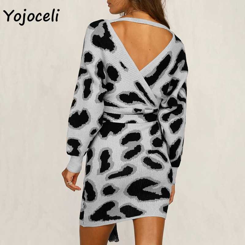 Yojoceli autumn winter leopard knit dres v neck bodycon mini streetwear day sweater 210609