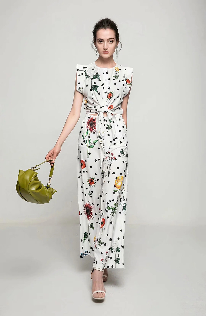 Women's Two Piece Pants Sets O Neck Flare Sleeves Lace Up Blouse with Printed Long Pant Fashion Runway Twinsets