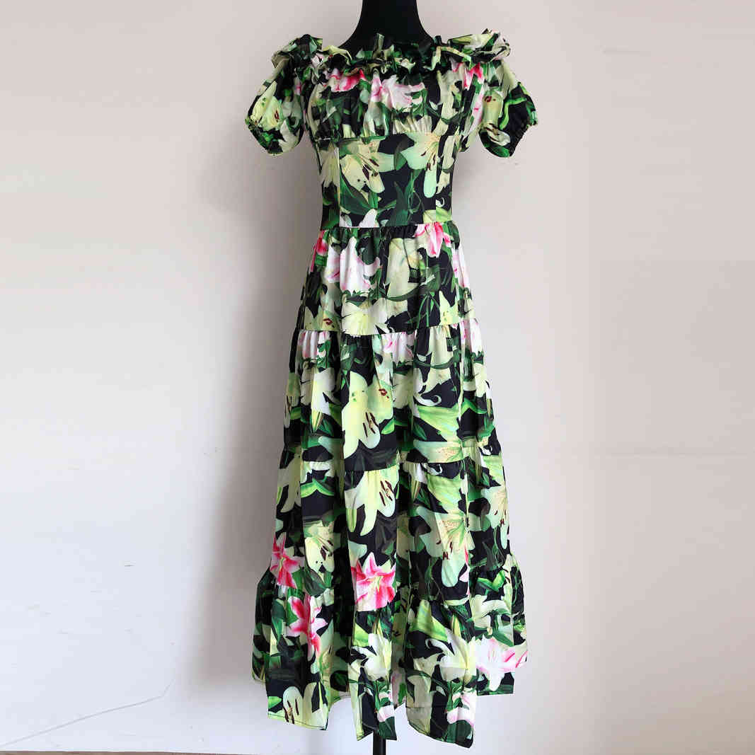 lily flower slash neck ruched high quality dress women summer maxi for party A-line soft robe es vestidos 210421