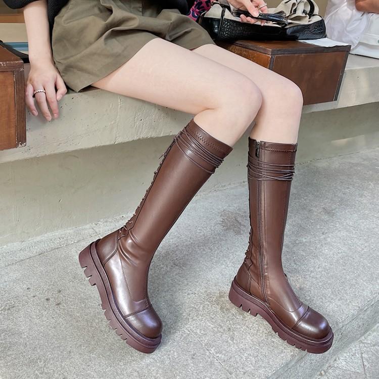 Boots Ochanmeb Chic Back Lace-up Cross-tied Kneehighs Goth Motorcycle Women Beige Burgundy Black Platform Chunky Long Shoe