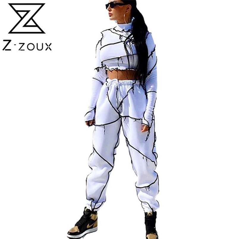 Women Sets Sexy Pants Long Sleeve Stand Collar Crop Top Drawstring Two Piece And Spring 210513