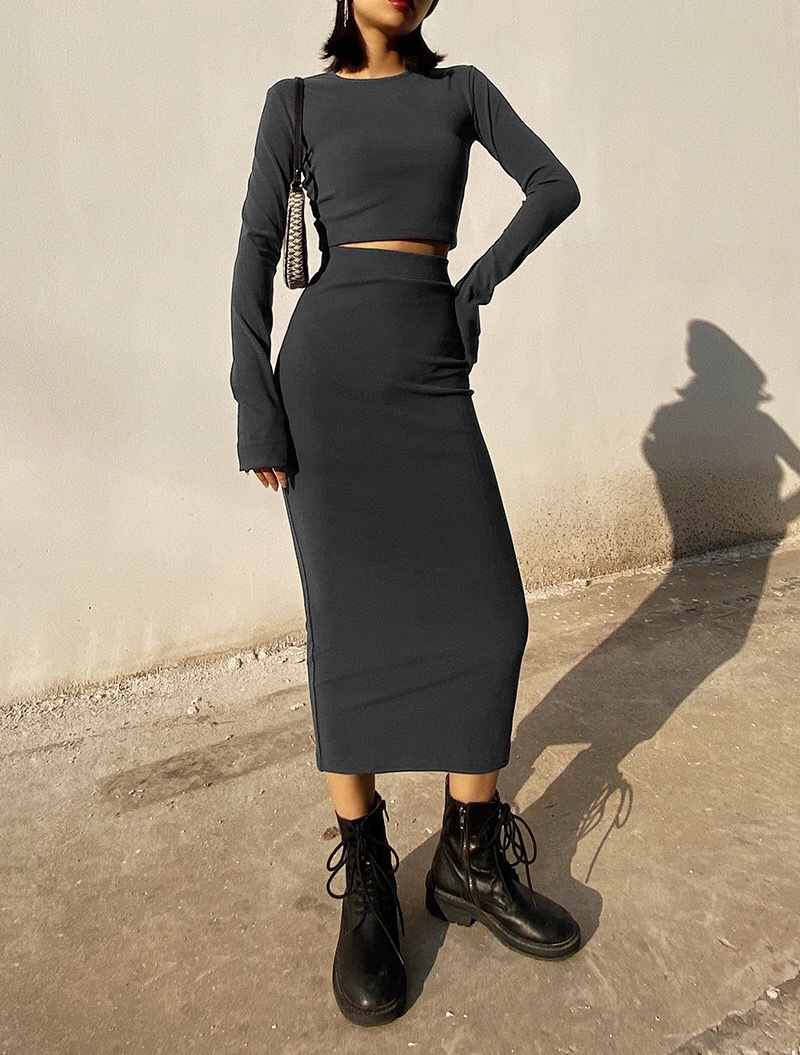 Vintage Long Sleeve T-shirt Sexy Women Bodycon Package Hips Midi Skirt Crop Top Short Pullover Tee Tops 2 Pieces Set 210429
