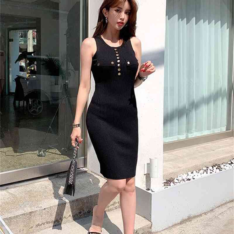 Women white Button O Neck Sheath Stretchy Knit Dress Vestidoes Woman sleeveless Slim Dresses 210519