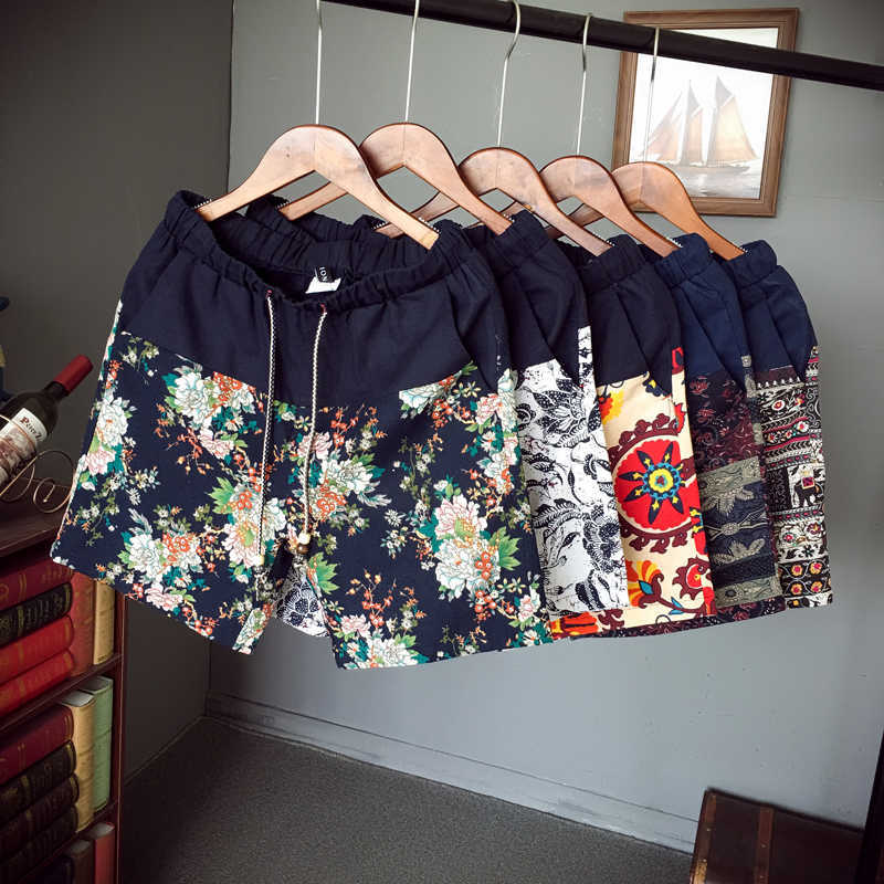Men and women models leisure shorts fashion cotton linen stitching summer br beaded flowers printed beach 210714