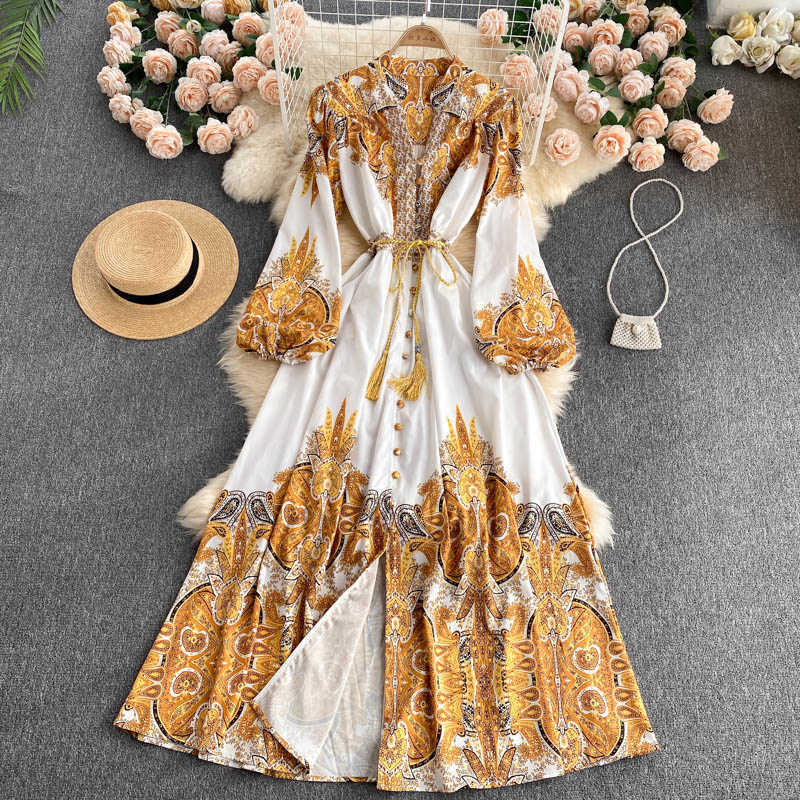 DEAT Women Printing Midi-long Dress V-Neck Long Sleeve Arrivals Lady Temperament Fashion Spring Autumn 11D1867 210709