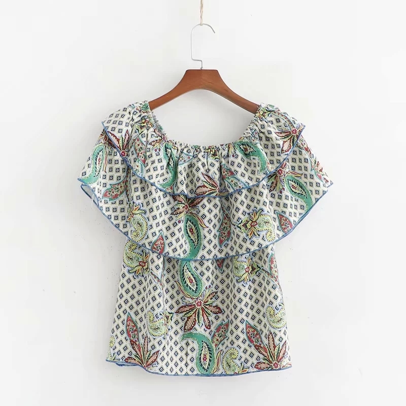 Women Slash Neck Cascading Ruffle Printed Shirt Smock Female Blouse Tops Summer Blusas Mujer S5786 210430