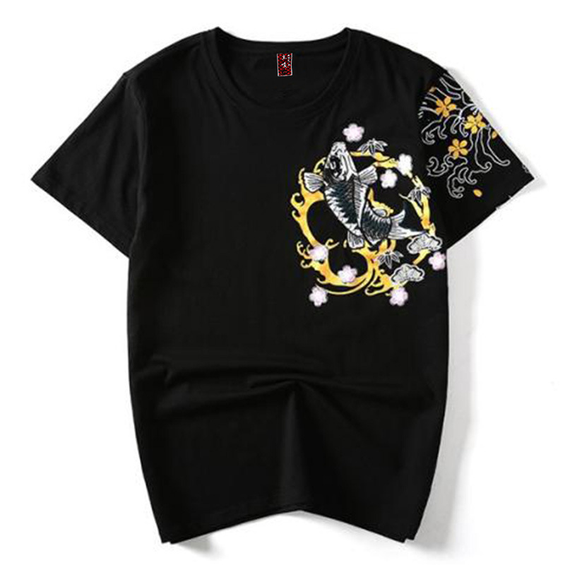IEFM Men's Embroidery T-shirt Short Sleeve Round Neck Chinese Style Carp Pattern Cotton Tops Loose Tops 9Y6014 210524
