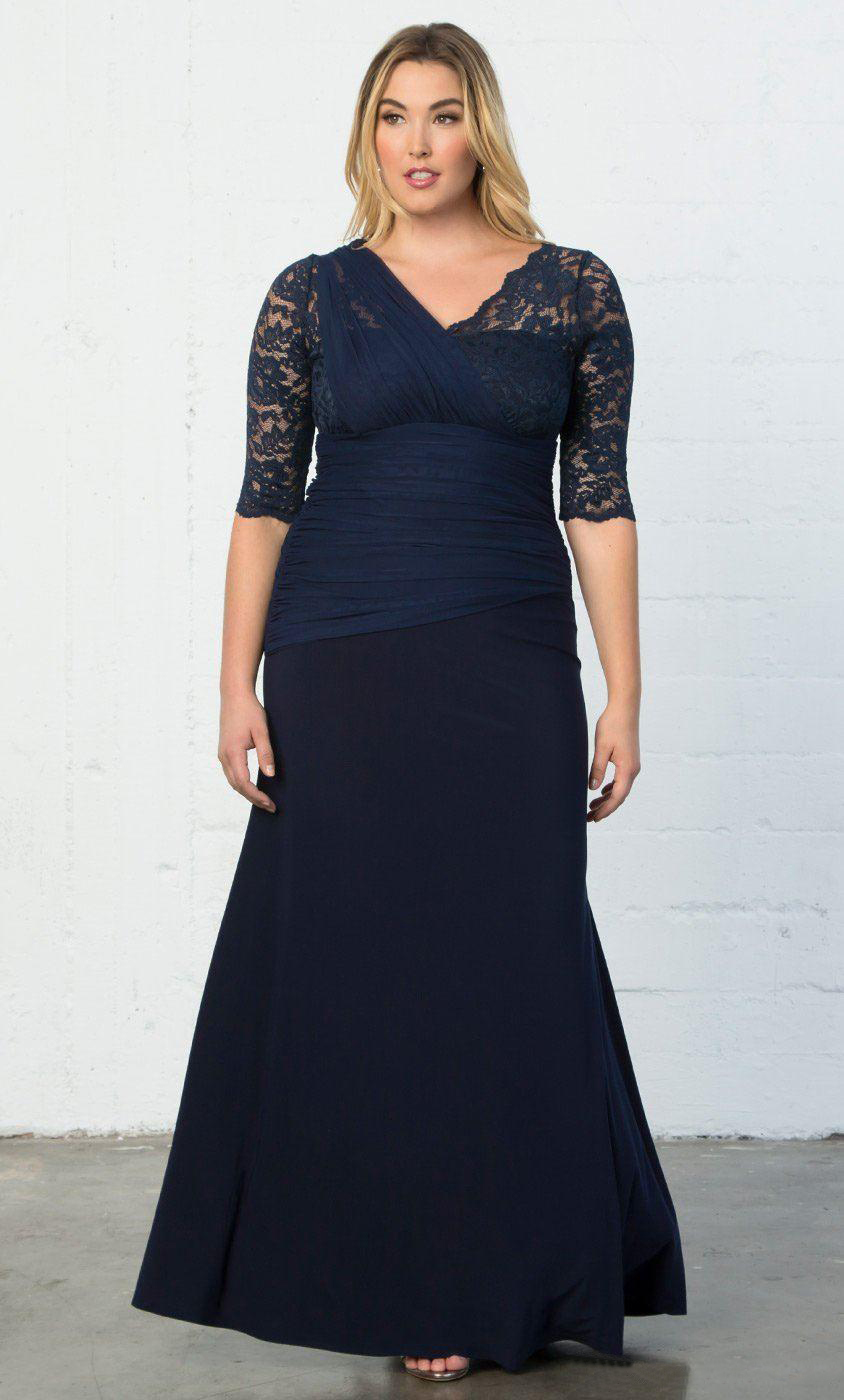 2021 Elegant Navy Blue Plus Size Lace Dresses With Half Sleeves V-Neck Evening Gowns Mermaid Floor Length Chiffon Formal Dress 0509