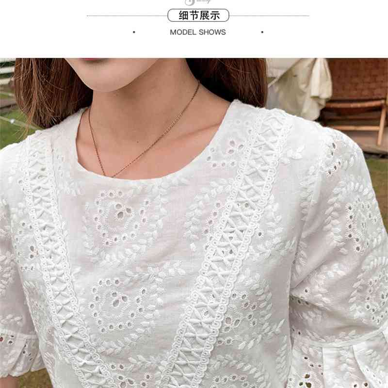 Fashion Women Elegant O-Neck White Summer Dress Robe Femme Vinatge Lace Hollow Out Embroidered Cotton Loose Vestidos 210520