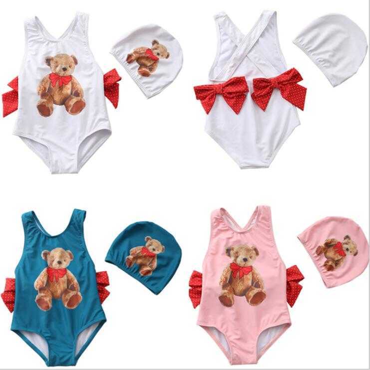 lovely bear baby girls swimwear ruffles bows swimsuit for kids toddler 12M cartoon bathing suit 210529