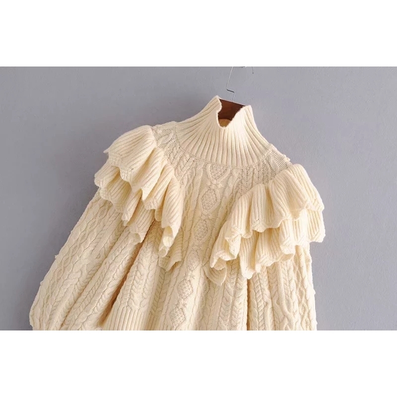 elegant ruffle turtleneck sweater women pullovers long sleeve knitted casual pull femme winter clothes 210521