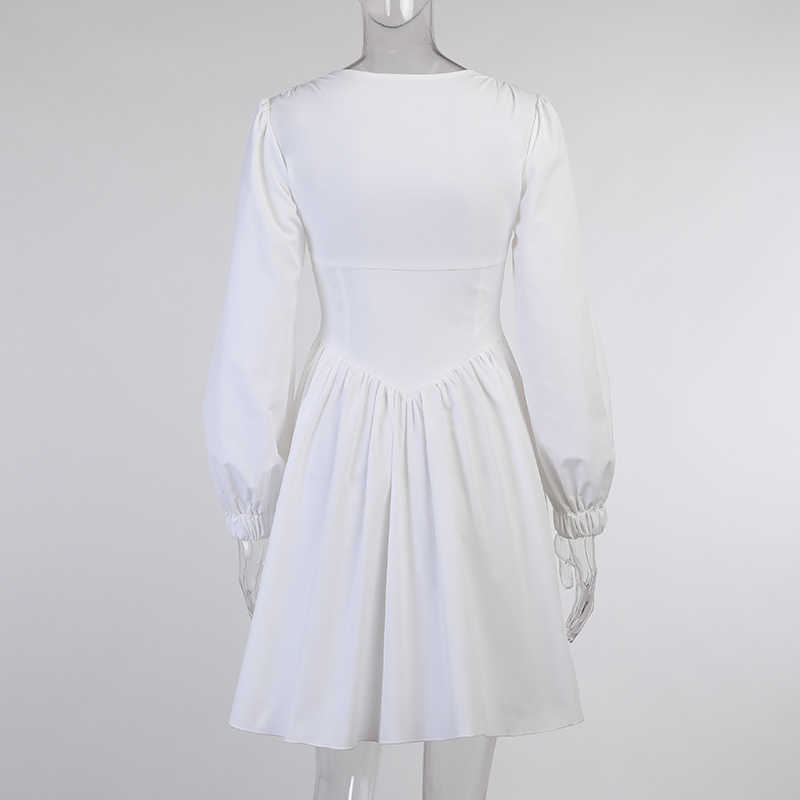 DEAT Women Spring Autumn Solid High Waist V-neck Long Sleeve Temperament Streetwear Style Slim Pleated Dress MZ051 210709