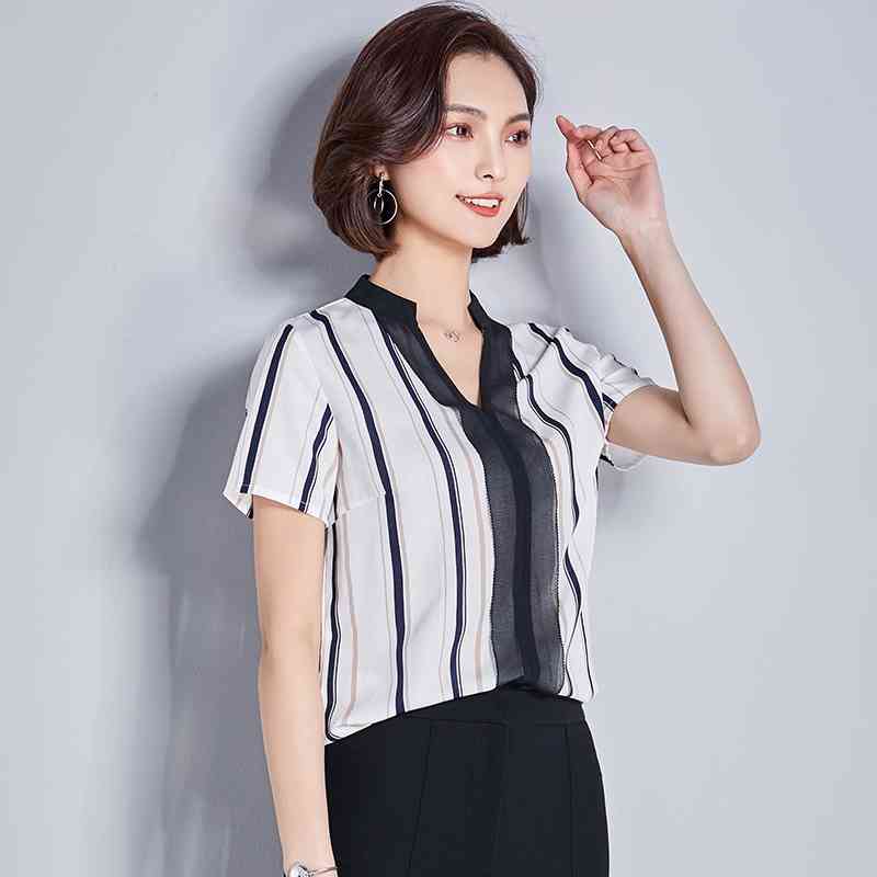 summer office lady blouses shirts short sleeved striped women clothing slim fashion chiffon 0289 40 210506