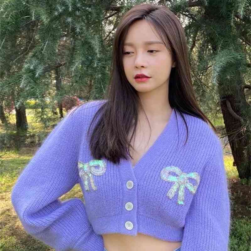 Vintage Purple Spliced Sequins Bow Knit Crop Cardigan Women V neck Single-breasted Button Sweater Long sleeve Short Jumper 210429