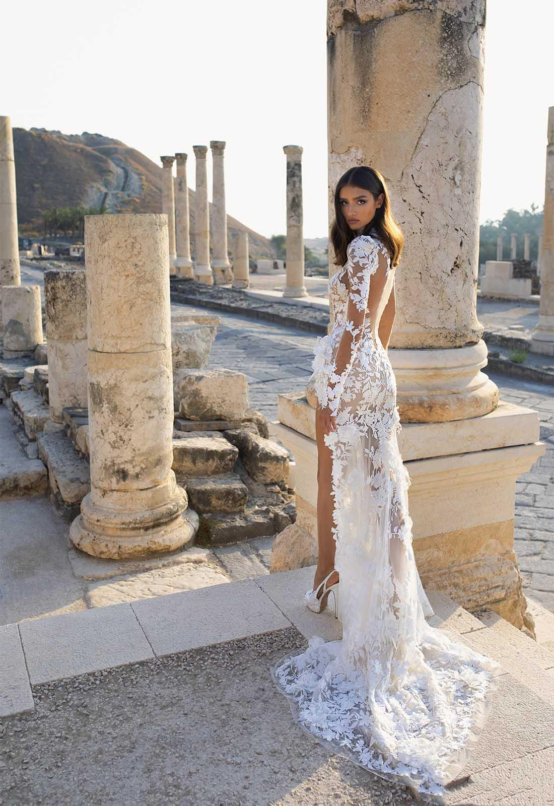 Romantic Floral Lace Beach Wedding Dress Mermaid Long Sleeve Bridal Gowns Sexy Side High Split Illusion Boho Bride Dresses 2022 Vestido De Novia Robe
