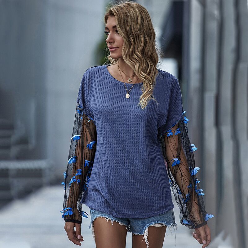 Black 3D Applique Mesh Sleeve Knit T-Shirt Women Autumn Winter O-Neck Long Casual T Shirt Tops Pullover Female 210510