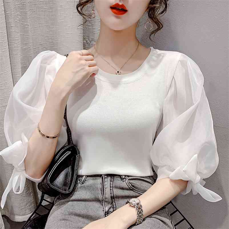 Women Knitted shirt Summer Organza Patchwork White Blouse Slim Puff Sleeve Fashion Bowknot Pullover Top 210517
Women Knitted shirt Summer Organza Patchwork White Blouse Slim Puff Sleeve Fashion Bowknot Pullover Top 210517