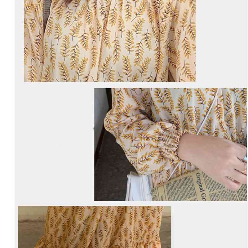 Spring Vintage Korean Printed Long Dress Women Sleeve Stand Collar Loose Waist Fashion Dresses Elegant Casual Vestidos 210518