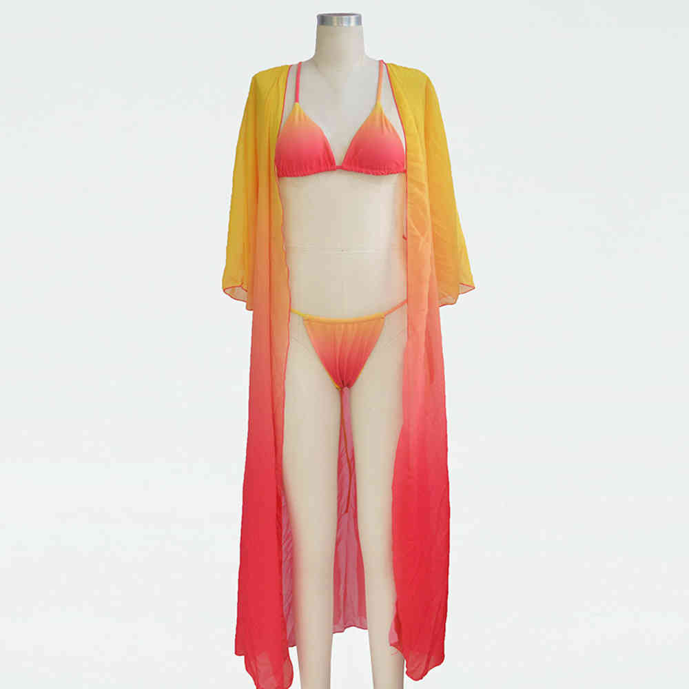 Sexy Bikini Set And Beach Cover Up Women Three Pieces Swimsuit Female Swimwear Gradient Color Bathing Suit Swimming XL 210521